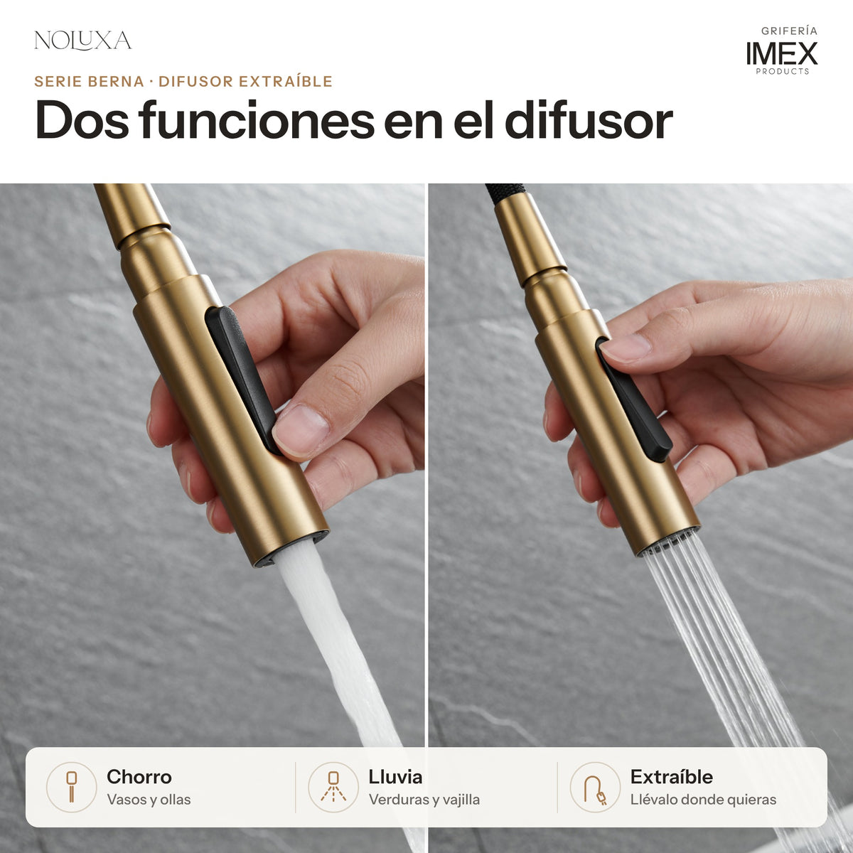 Grifo de cocina extraíble serie Berna oro cepillado (GCE026/OC) – difusor de doble jet