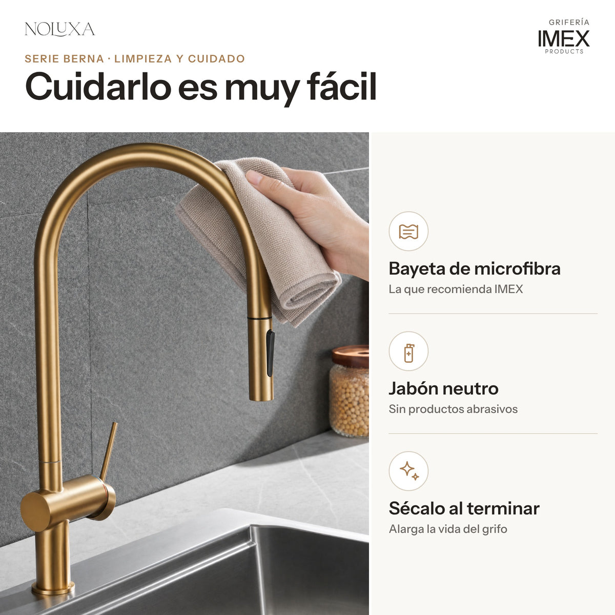 Grifo de cocina extraíble serie Berna oro cepillado (GCE026/OC) – limpieza y cuidado