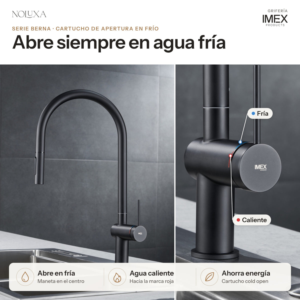 Grifo de cocina extraíble serie Berna negro mate (GCE026/NG) – cartucho de apertura en frío