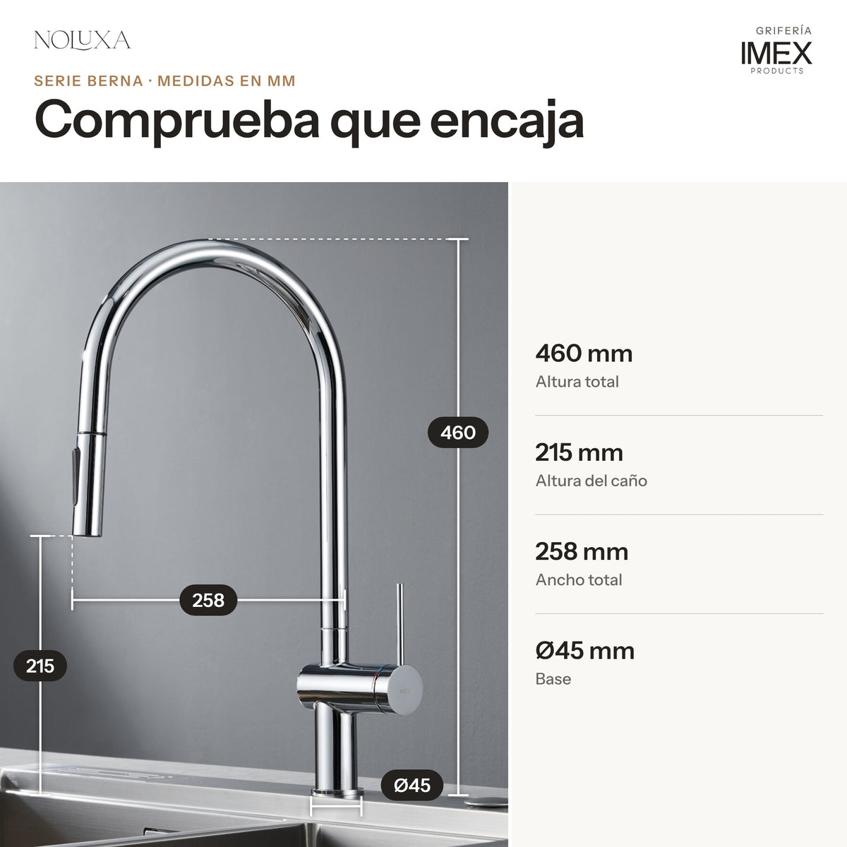 Grifo de cocina extraíble serie Berna cromado (GCE026) – medidas